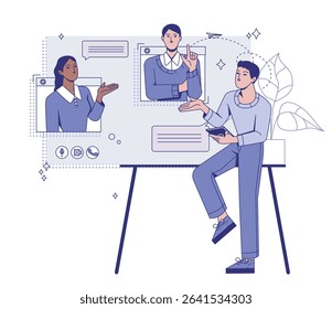 People communicating during online meeting, modern flat graphic style, on white background, concept of remote work and digital collaboration. Vector illustration