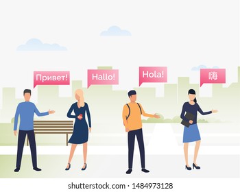 People communicating with each other in foreign languages. Male and female cartoon characters speaking different languages. Vector illustration for promotion, banner, mobile app