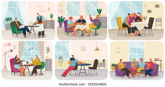 People communicating and eating together at home or in restaurant, family dinner scenes set. Cheerful company of people in kitchen at home having fun, talking. Good friends resting after work