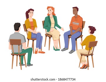 People communicating in group therapy, isolated circle of men and women from different races talking about problems and troubles in life. Psychological help and support. Vector in flat style