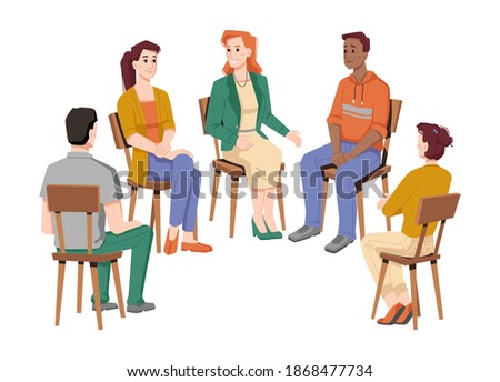 People communicating in group therapy, isolated circle of men and women from different races talking about problems and troubles in life. Psychological help and support. Vector in flat style
