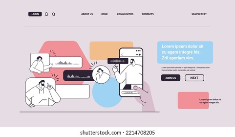 people communicating in instant messengers by voice messages in mobile app audio chat application social media