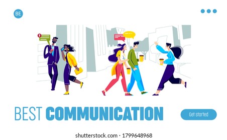 People communicating on walk using smartphones or hurrying up to job. Landing page with business people and students walking to office in morning talk and chat online. Cartoon vector illustration