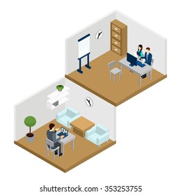 People communicating online in the room with laptop and computer isometric vector illustration 