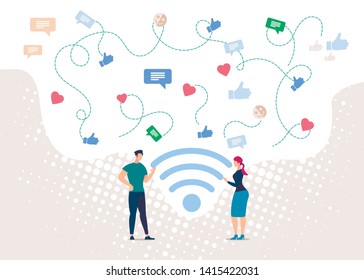 People Communicating in Social Network, Wireless Public Internet Access Point Flat Vector Concept with Man and Woman Standing near Wi-Fi Sign, Talking, Messaging, Sharing Opinions Online Illustration.