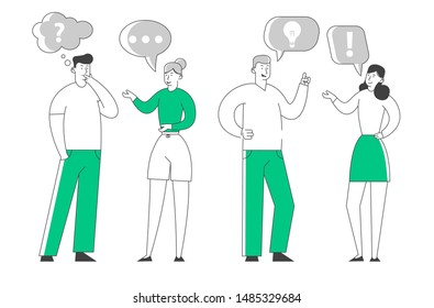 People Communicating with Speech Bubbles on White Background. Young Men and Women Chatting and Communicate. Business People Discuss and Make Decisions. Cartoon Flat Vector Illustration, Line Art