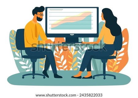 people communicating, teamwork, concept of working at a computer with data and analyzing information