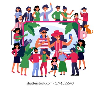 People communicating through conference call. Computer monitor view, online video chat flat vector illustration. Outbreak, social distancing concept for banner, website design or landing web page
