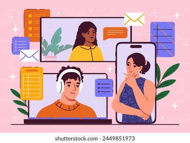 Menschen kommunizieren über verschiedene Geräte auf einem rosa Hintergrund, Vektorillustration, Konzept der digitalen Kommunikation. Flache Cartoon-Vektorillustration