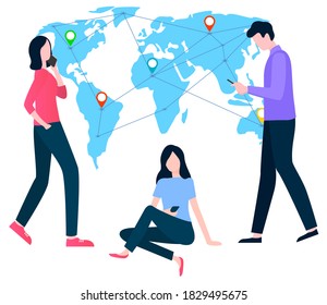 Menschen, die miteinander kommunizieren, Vektorgrafik, SMS an Mann und Frau. Flat-Style-Welt mit Orten und Geotags, Gespräch über Smartphone-Freunde im Internet