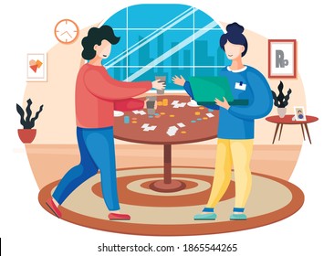 People are communicating  Two persons spending time at home in different ways and board games  Man   woman have great time together vector illustration  Fantastic turn  based board game