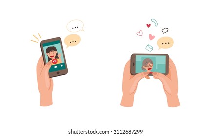 People communicating using smartphones set. Video call concept vector illustration