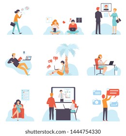 People Communicating Via Internet with Mobile Devices Set, Young Men and Women Chatting, Dating, Writing Emails, Searching for Information, Social Networking Vector Illustration
