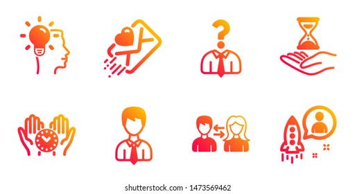 People communication, Businessman and Idea line icons set. Love letter, Safe time and Time hourglass signs. Hiring employees, Startup symbols. People talking, User data. People set. Vector