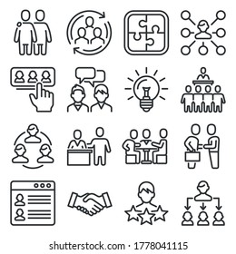 People Communication, Collaboration and Relationship Icons Set. Line Style Vector