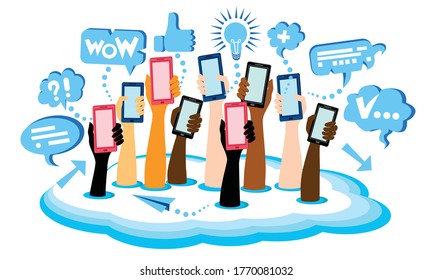 People communication concept with speech bubbles and social network icon. Social network management and communication, smartphones in hands. Diversity of business, new, study, work, technology. Vector