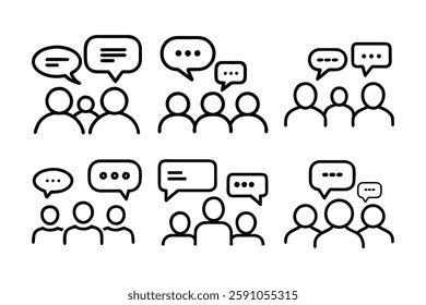 People Communication Or Conversation Together Icons Set, Outline Illustration Isolated On White Background.
