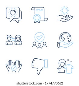 People communication, Dislike hand and Sun protection line icons set. Diploma certificate, save planet, group of people. Clean shirt, Friends chat and Medical tablet signs. Vector