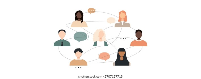 People with communication elements on white background.