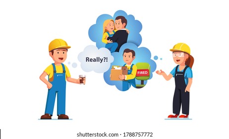 People communication, engineer woman telling rumors stories, secrets, gossiping about colleagues to fellow construction workers to man. Busybody gossip concept. Flat vector character illustration