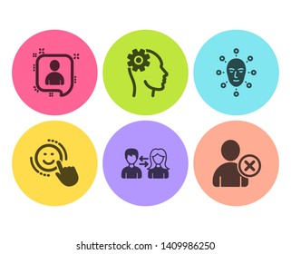 People communication, Face biometrics and Smile icons simple set. Engineering, Developers chat and Delete user signs. People talking, Facial recognition. People set. Flat people communication icon