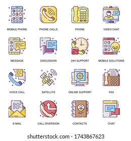 People communication flat icons set. Video chat, 24h online support, messaging and discussion, mobile phone, call diversion line pictogram for mobile app. People connection technology vector icon pack