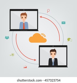 People communication infograhic on cloud network by laptop.