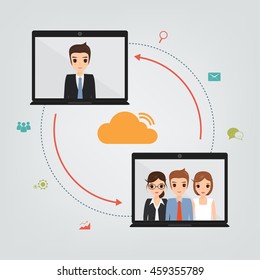 People communication infograhic on cloud network by laptop.