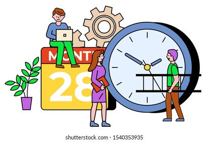 People communication with laptop, clock and calendar objects. Developer working with computer, person carrying stairs. Information technology with setting and time symbol with outline vector