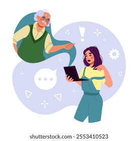 People communication. Senior man talking with young woman. Old person. Girl with laptop. Computer message. Video call. Remote conversation. Modern digital technology for grandfather. Vector concept