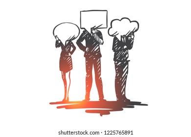 People, communication, talk, discussion, message concept. Hand drawn people and symbols of conversation concept sketch. Isolated vector illustration.