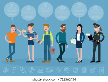People communication various profession and characters infographics. Vector template.
