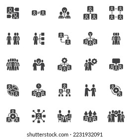People communication vector icons set, team structure modern solid symbol collection, filled style pictogram pack. Signs logo illustration. Set includes icons, time management, teamwork group, meeting