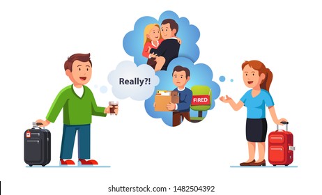 People communication, woman telling rumors stories, secrets, gossiping about their work colleagues and fellow workers to man. Busybody gossip concept. Flat vector character illustration