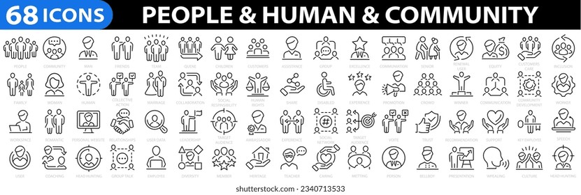 People  Community 68 icon set. Human icon set. People, social, diversity, village, relationships, support, group, family, human, team, community, friends, population, senior, children, team and more.