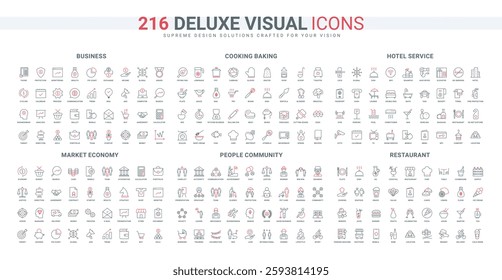 People community, cooking baking line icon set. Business team, direction of development, catering service of restaurant and hotel hospitality thin black and red outline symbols vector illustration