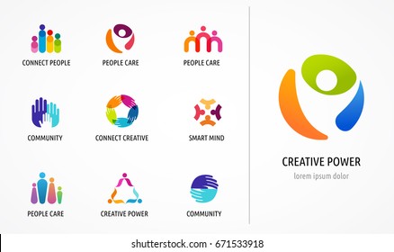 People, community, creative hub, social connection icons and logo set