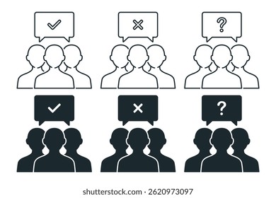 Comunidade de pessoas com marca de cruzamento, lista de verificação, símbolo de pergunta. Ilustração vetorial