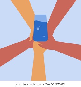 Pessoas comunidade com água potável limpa e fresca. Hidratação saudável com água pura líquida. Personagens com vidro. Ilustração de vetor plano sobre fundo branco.