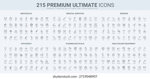 Personas en la comunidad, eficacia y enfoque en el éxito, servicio y equipo hospitalario, conjunto de iconos de línea de instrumentos. Sexo y nación, elección, cuidado de los ancianos delgados símbolos de contorno negro Ilustración vectorial