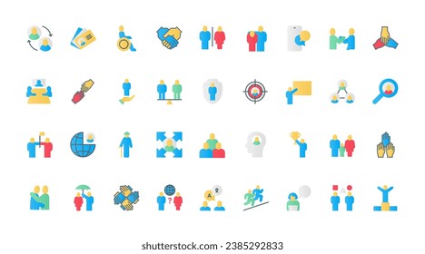 Personas, iconos de comunidad plana establecen ilustración vectorial. Símbolos de la sociedad humana y de la organización de equipos empresariales, siluetas de personas y familias, igualdad de género, apoyo y asociación.