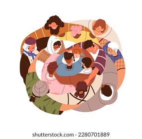 People community hugging together, supporting each other. Connected united crowd, group gathered in circle. Solidarity in society concept. Flat graphic vector illustration isolated on white background