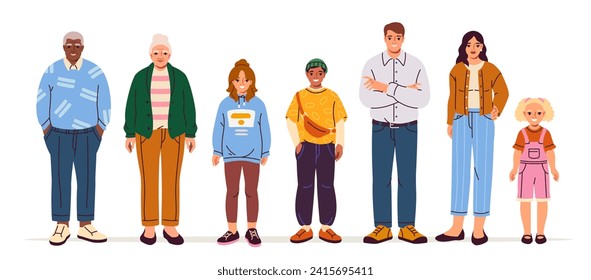 Gente en comunidad. Conjunto de caracteres de diferentes razas, géneros y generaciones. Hombres, mujeres, niños y ancianos felices. Igualdad de derechos. Ilustraciones de caricaturas de vectores planos aisladas en fondo blanco