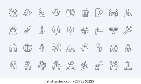 People, community thin line icons set vector illustration. Outline human society and business team organization symbols, silhouettes of person and family, gender equality, support and partnership