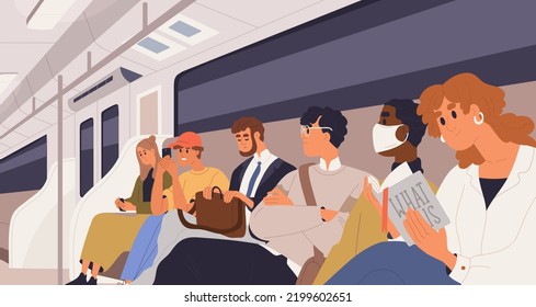 La gente viaja en tren subterráneo. Los pasajeros del transporte público se sientan dentro del metro. Hombres, mujeres leyendo libro, jugando con el teléfono, durmiendo, viajando en carruaje subterráneo. Ilustración vectorial plana