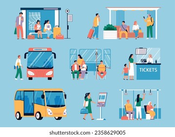 People commuting waiting at bus stop buying tickets flat set isolated on color background vector illustration