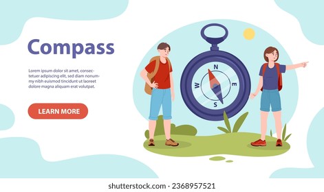 People with compass banner. Man and woman near device for navigation. Navigational equipment for hikers and travelers. Active lifestyle and tourism. Cartoon flat vector illustration