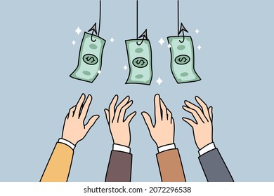 People compete for money banknotes strive for wealth. Employees workers stretch hands for dollar bills get on hook of risky business, need cash. Manipulation concept. Vector illustration. 