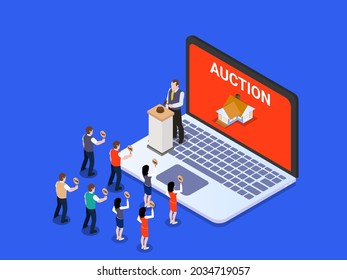 People competing to bid a house price on the online auction house. Isometric vector concept