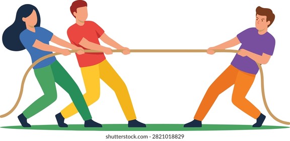 People competing in a tug of war challenge. Colorful flat illustration of three people pulling a rope in a competition. Vibrant clothing on a grey background shows teamwork and effort. Ideal for corporate training or blog headers.